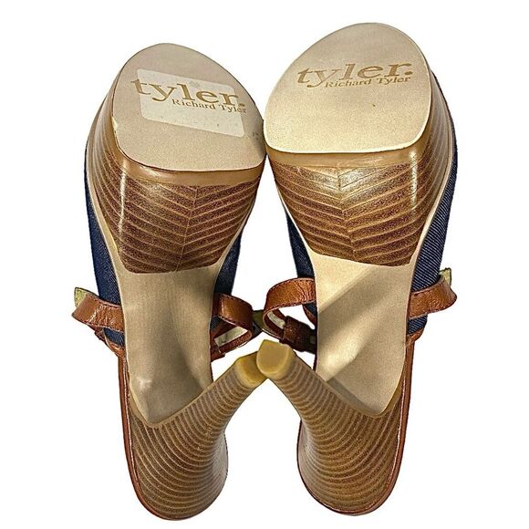 Platform Heels Size 9M | Blue Denim & Tan Slip-On | 5.5” Heel - Picture 10 of 11